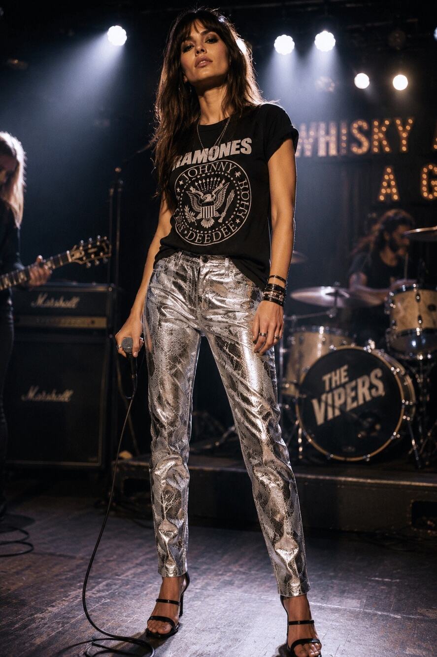 River Island Metallic Snakeskin Embossed Faux Leather Pants in Silver Size 8
